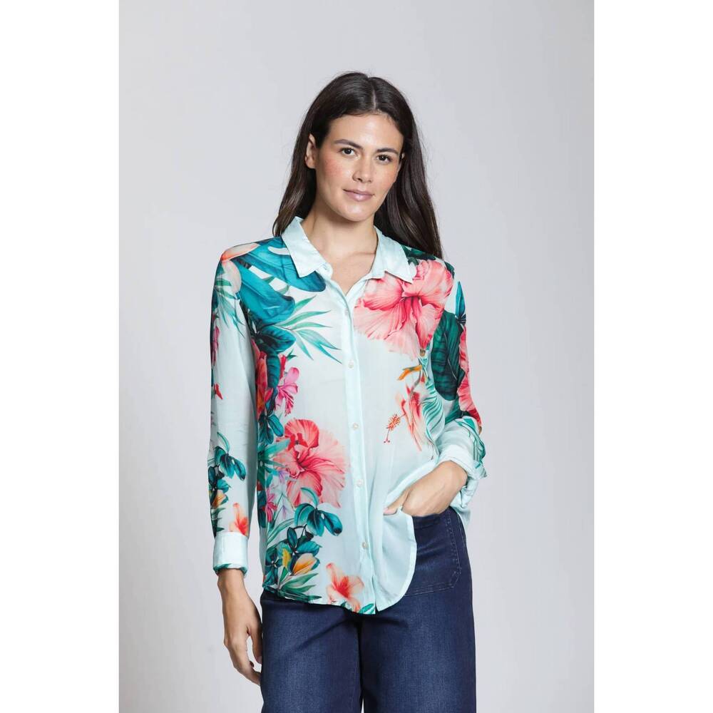 NEW APNY roll up sleeve top in amalia aqua